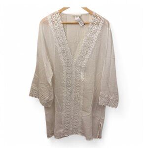 La Blanca White Cotton Cover-Up Tunic Boho Embroidered Beachwear Short Sleeve XL